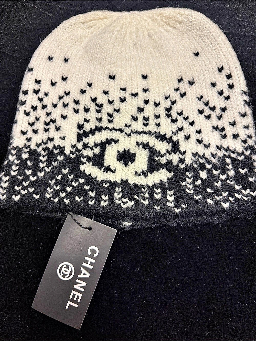 CC Logo Cashmere Wool Silk Beanie Hat Black & Cream